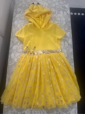 Yellow Pikachu Hooded Tulle Kids Dress, Girls Size L (10/12)